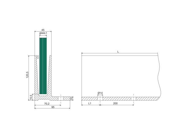 Aluminium Ganzglasgeländer L-Bodenprofil 1250mm 3,0kN Glasgeländer Satin Elox